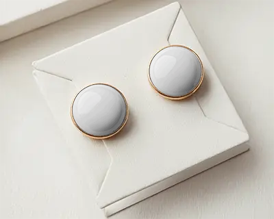 Minimal Round Earrings Mockup On White Box With Detailed Mandala Pattern In Soft Natural Light