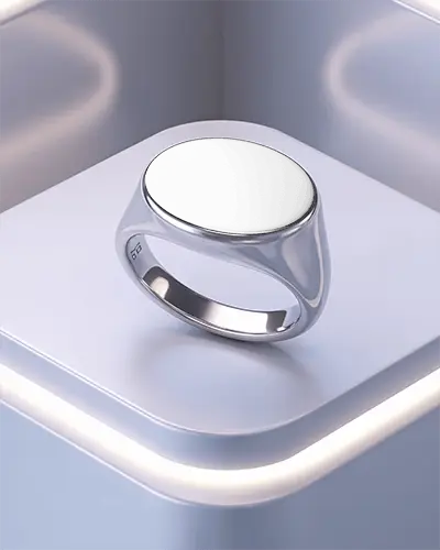 Silver Polished Ring Mockup On Illuminated Podium With Engraved And Soft Lighting