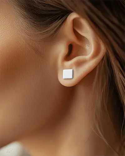 Closeup Earring Mockup Stylish Square Stud On Ear Natural Skin Texture Soft Focus Neutral Light