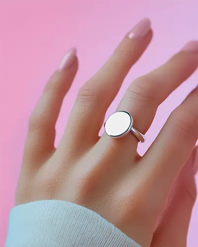 Silver Ring Mockup Female Hand On Pastel Pink Background Minimal Feminine Elegant Display Shot