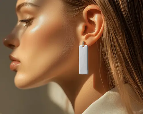 Golden Earring Mockup Closeup Side Profile Woman In Sunlight Glow Elegant Modern Statement Jewelry