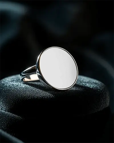 Luxury Ring Mockup Silver Round Surface Elevated On Black Velvet Soft Lighting With Refined Elegance