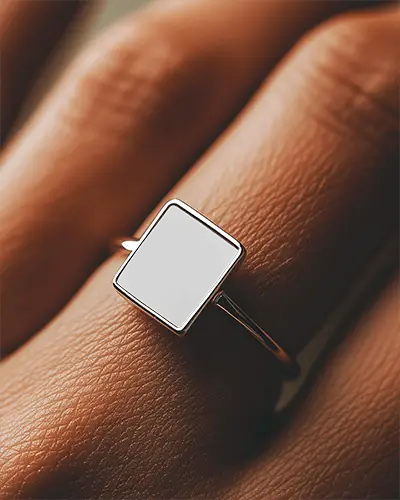 Square Ring Mockup Closeup On Hand With Deep Focus Satin Background In Soft Golden Lighting