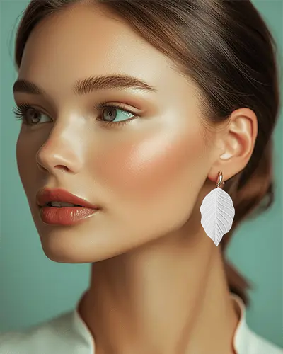 Leaf Shaped Earring Mockup On Woman Soft Focus Closeup With Teal Background Metallic Shine