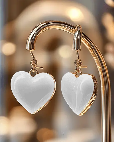 Heart Shaped Gemstone Earrings Hanging On Golden Metal Stand Luxurious Jewelry Display With Blurred