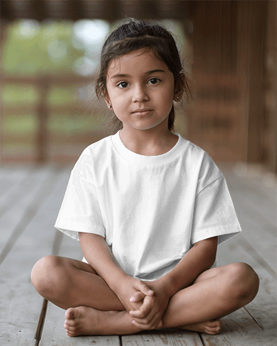 Rustic Porch Kid T Shirt Mockup Young Girl In Red Tee Sitting Cross Legged Soft Natural Lighting Cozy And Autumn Inspired Ambience