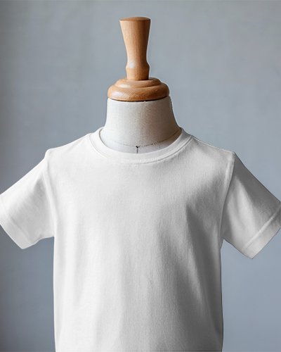 Minimalist Kid T Shirt Mockup On Wooden Mannequin Against Soft Gray Background Simple And Elegant Presentation