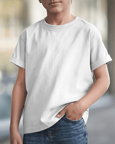 Stylish Kid T Shirt Mockup Young Boy In Maroon Rolled Sleeve Tee With Dragon Design Hands In Pocket Modern And Trendy Look