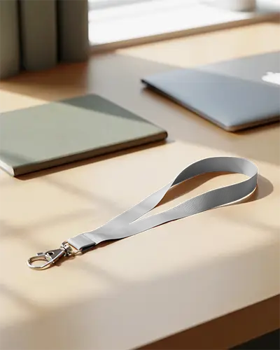 Lanyard Mockup On Desk Surface Sunlight Shadow Modern Workspace Scene With Metal Clip Attachment