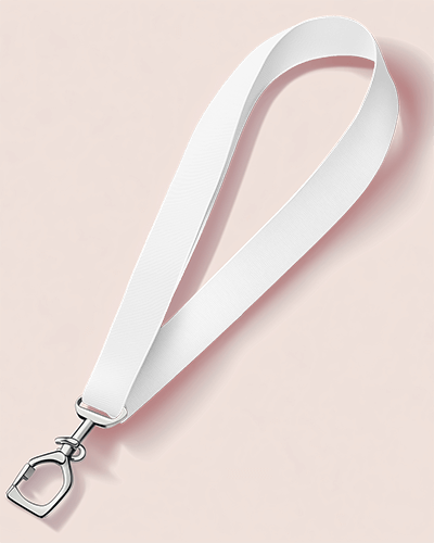 Lanyard Mockup White Fabric With Silver Metal Clip On Soft Pink Background Subtle Shadows 011