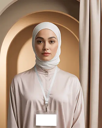 Soft Studio Id Card Mockup On Female Model In Hijab With Neutral Tones And Arched Background