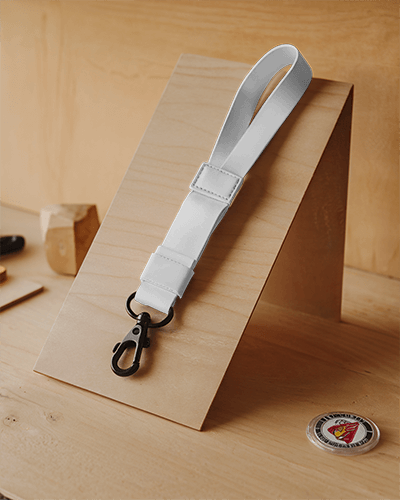 Lanyard Mockup On Angled Wooden Display With Warm Rustic Workspace Aesthetic Cozy And Artisanal Touch 017