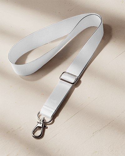 White Lanyard Mockup With Metal Clip And Adjustable Buckle On Textured Surface With Soft Sunlit Shadows 020
