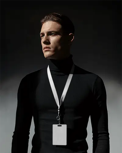 Sleek Lanyard Mockup Male Model In Black Turtleneck Under Dramatic Light And Shadow