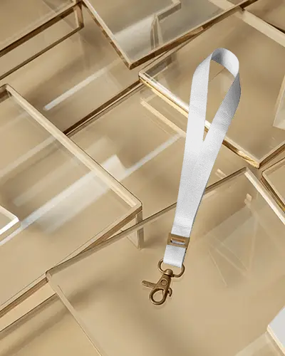 Premium Lanyard Mockup On Stylized Clear Acrylic Blocks With Modern Minimal Look