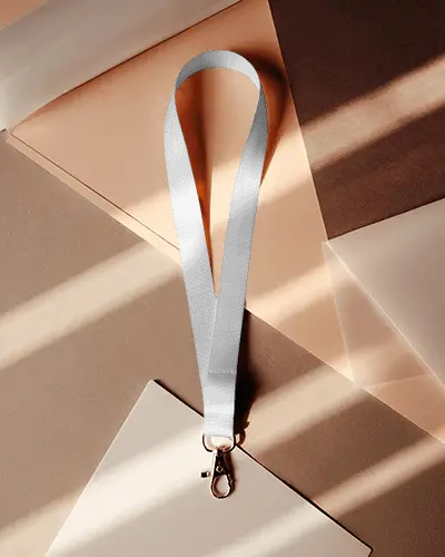 Modern Lanyard Mockup On Geometric Paper Sheets With Warm Sunlight And Soft Shadows