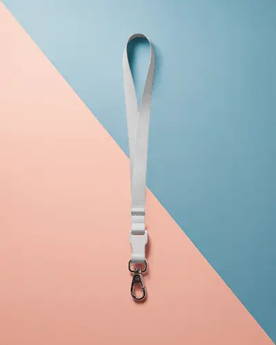 Modern Lanyard Mockup On Pastel Blue And Peach Background Minimal Flat Lay Design