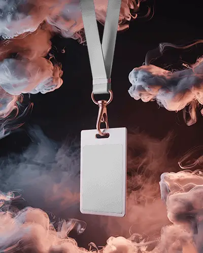 Dramatic Lanyard Mockup With Id Card Floating In Smoky Background And Soft Colored Light