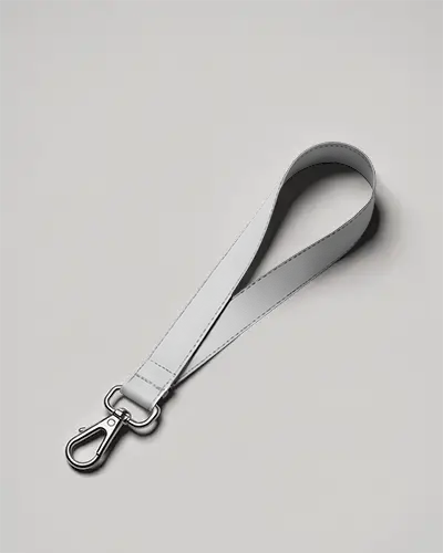 Minimalist Lanyard Mockup On Gray Background With Metal Clip And Clean Studio Lighting