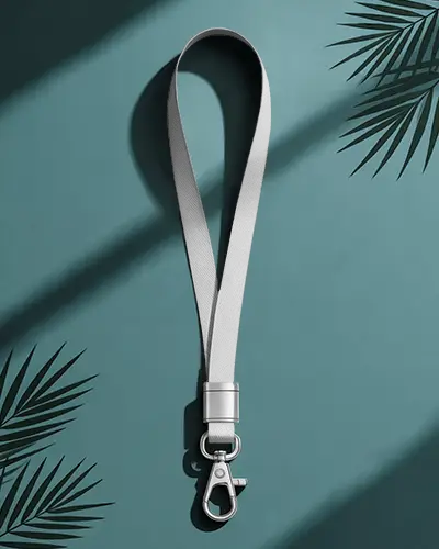 Minimalist Lanyard Mockup Featuring Metal Clip On Teal Surface With Natural Shadow Play