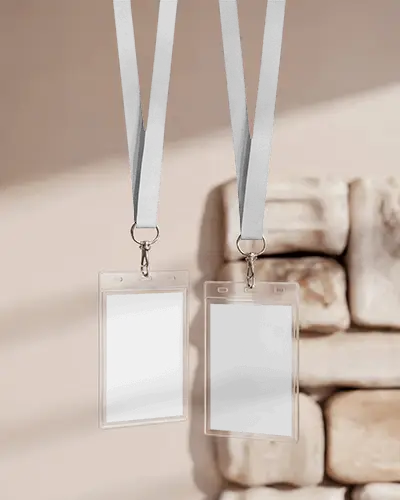 Elegant Lanyard Mockup Featuring Two Id Holders Against Warm Beige Stone Backdrop