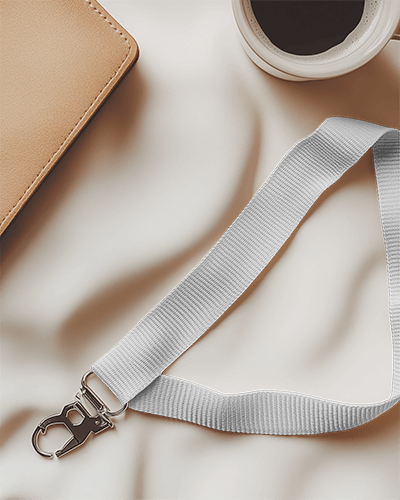 Lanyard Mockup With Metal Clip On Soft Fabric Beside Leather Notebook And Coffee Cup Warm And Inviting Setup 025
