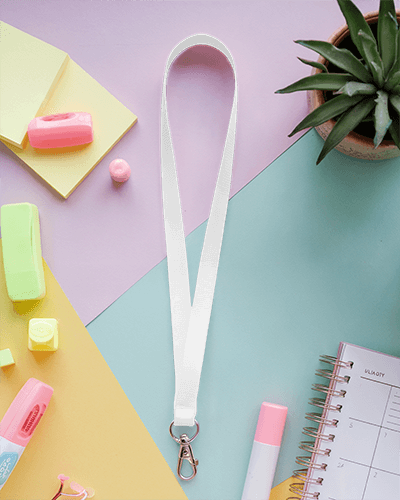 Lanyard Mockup With Metal Clip On Colorful Desk Surrounded By Stationery And Plants Creative And Vibrant Setup 027