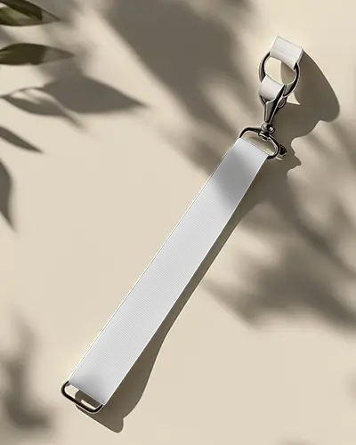 White Fabric Lanyard Mockup With Silver Metal Clip On Beige Surface Soft Natural Light And Leaf Shadows Minimal And Organic Aesthetic