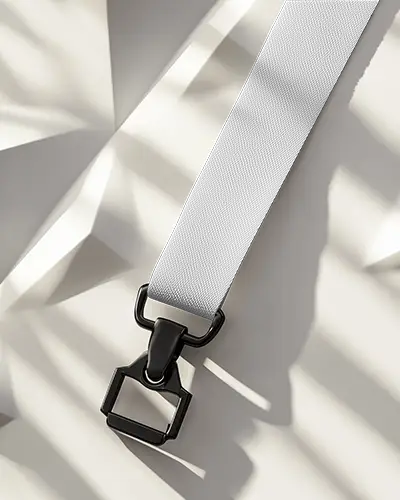 Luxury Lanyard Mockup Close Up White Strap On Abstract Shadow Surface With Black Clip