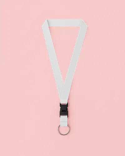 Top Down Minimalist Lanyard Mockup Silver Ring And Black Buckle On Pastel Pink Background Clean And Modern