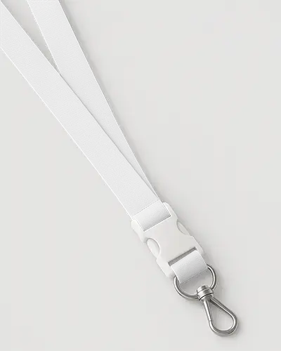 Close Up Top Angle Lanyard Mockup Soft White Background Soft Strap White Plastic Buckle And Rotating Clip Elegant Finish