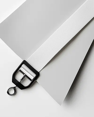 Premium Paper Surface Lanyard Mockup Top Corner Crop Grey Fabric Band Black Attachment Swivel Hook Refined Studio Setting