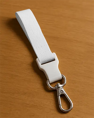 Lanyard Mockup On Wooden Surface Top Angle Metal Hook Closeup Minimal Office Accessory