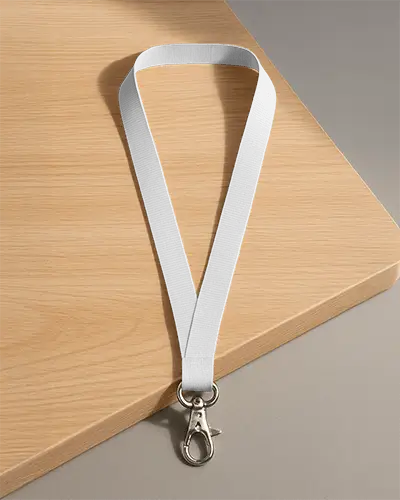 Lanyard Mockup On Wood And Grey Surface Top Down View With Metal Clip Modern Clean Presentation
