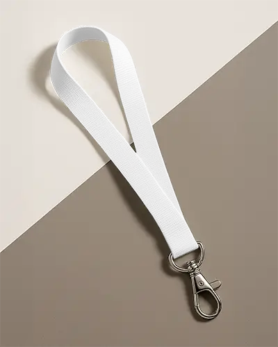 Angled Lanyard Mockup On Dual Tone Surface Top View Metal Clip Minimal Setup Branding Display