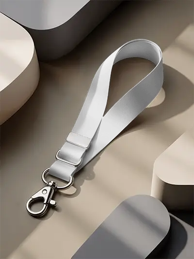 Minimal Lanyard Mockup With Metal Clip Placed On Smooth Geometric Surface In Soft Daylight Shadows