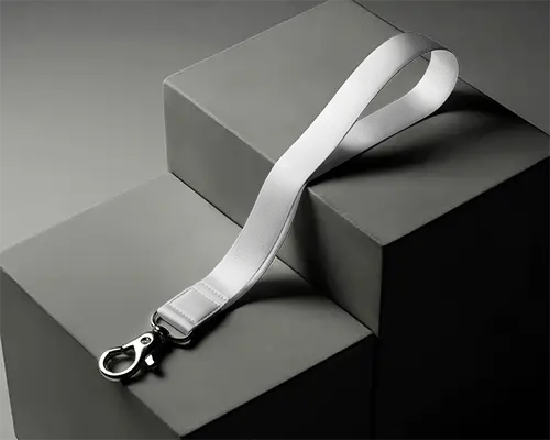 Minimalist Lanyard Mockup With Metal Clip Displayed Geometric Platform Under Soft Directional Light