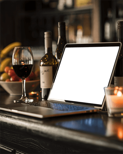 Cozy Bar Laptop Mockup Wine Glass Candlelight Warm Evening Atmosphere 071