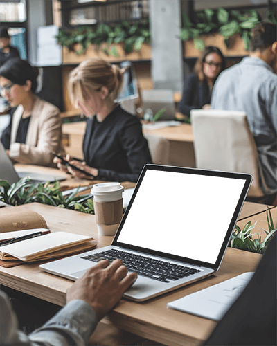 Collaborative Office Laptop Mockup Modern Coworking Space Greenery Productive Environment 072