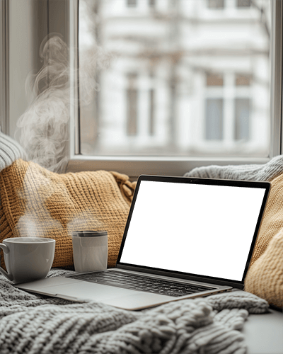 Cozy Window Nook Laptop Mockup Steaming Coffee Knit Blankets Warm And Relaxing Vibes 075