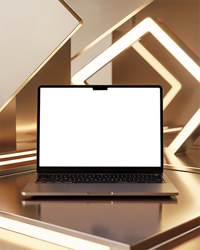 Macbook Air M2 On Sleek Golden Surface With Glowing Geometric Light Shapes Futuristic Ambient Lighting Elegant Product Display