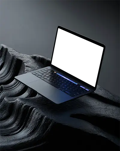 Floating Macbook Air M1 Laptop On Dark Rock Textured Surface With Empty White Screen