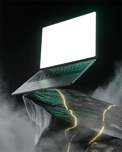 Floating Macbook Air M1 Laptop On Glowing Rock With Lightning Cracks And Empty White Screen