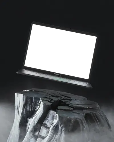 Macbook Air M1 Mockup Floating Over Cracked Stone Pedestal With Dramatic Lighting And Misty Dark Background