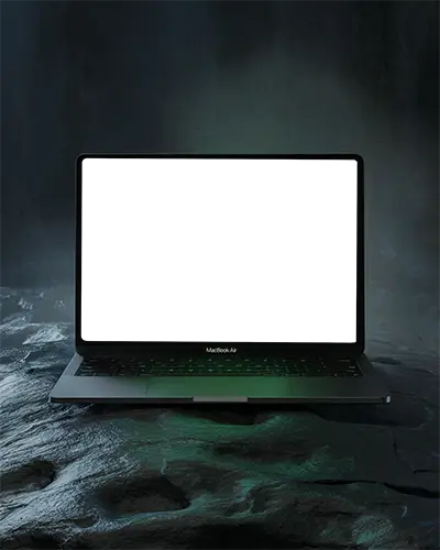 Macbook Air M1 Mockup On Dark Textured Surface With Moody Green Lighting And Shadowy Atmosphere