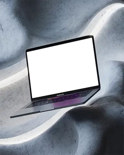 Macbook Air M1 Mockup Floating In Sculpted Abstract Stone Environment With Soft Light And Fluid Organic Curves