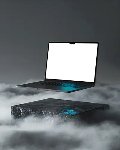 Floating Macbook M4 Pro Mockup Over Misty Stone Pedestal Dark Moody Background With Blue Accent Lighting High Tech Presentation Style