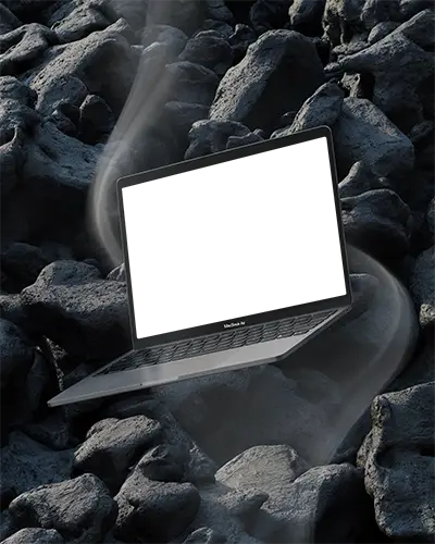 Floating Macbook Air M1 Mockup Above Charcoal Rocks With Swirling Smoke Dramatic And Earthy Scene Bold Contrast Display