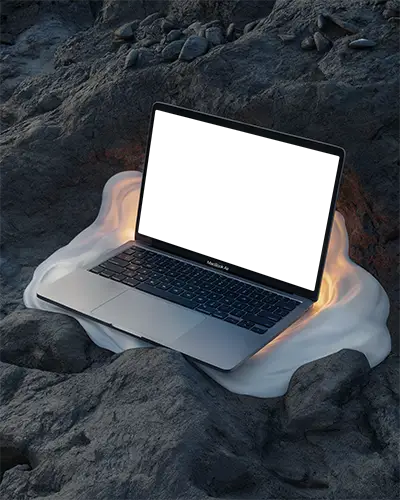 Macbook Air M1 Mockup Resting On Molten Cloth Over Rough Volcanic Rocks Glowing Edges Organic And Surreal Visual Style