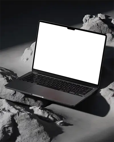 Macbook M3 Pro Mockup On Lunar Textured Surface With Deep Shadows And Soft Spotlight Minimal And Cinematic Presentation